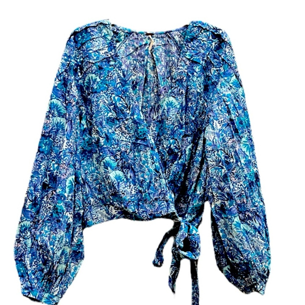 Free People Party Playlist Blouse Wrap Puff Sleeve Floral Blue Sz L